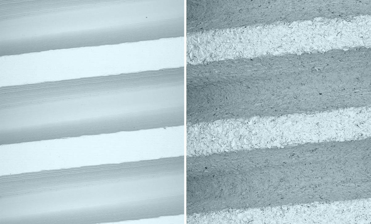 Side-by-side magnifications comparing a threaded titanium implant surface as manufactured with a smooth surface to the same surface after being blasted with an abrasive to achieve a rough surface