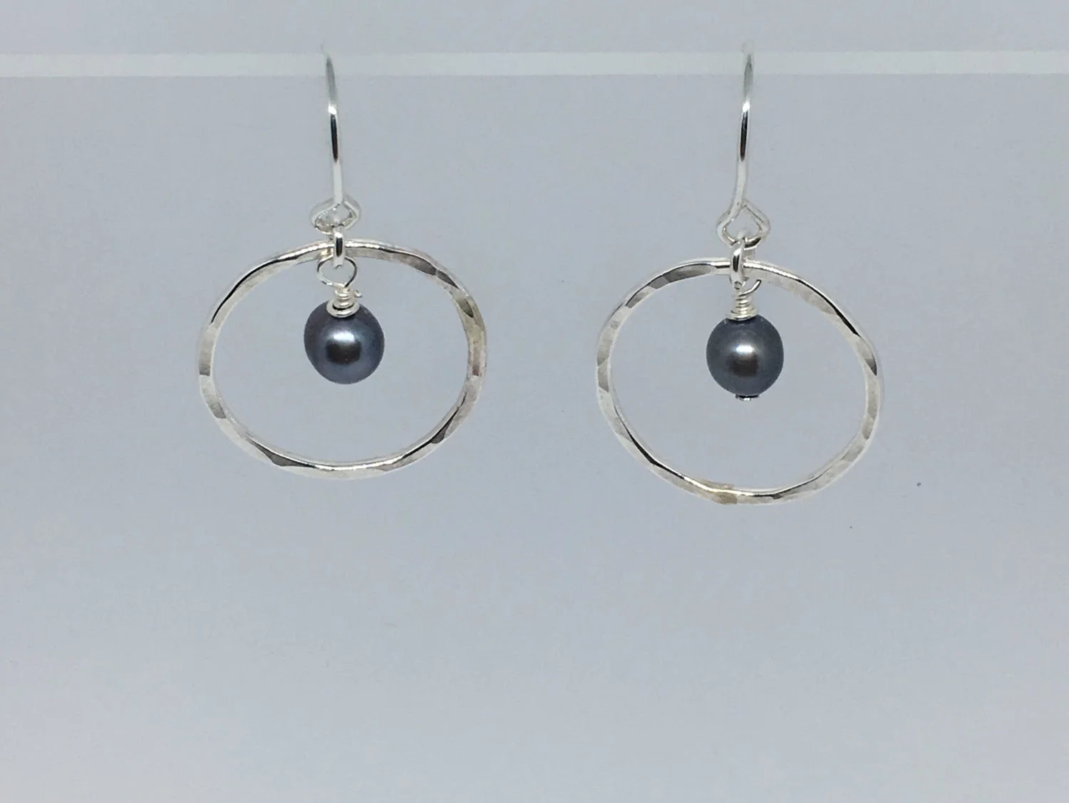 Hammered Hoops with Grey Pearls