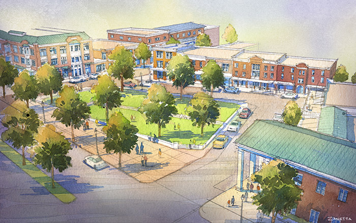 PHOTO BY SPECIAL TO THE DEMOCRAT-GAZETTE This artist rendering shows Johnson Square, a town square that is under construction in the Northwest Arkansas town.