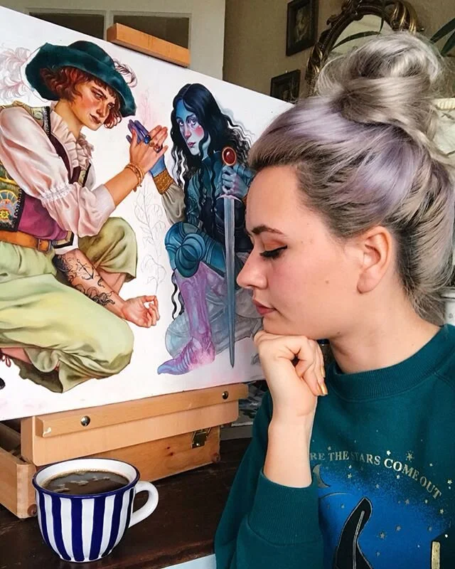 🌱🍄🌛🗡☕️ She’s almost finished 👀✨ just feeling like myself with my paints and my stripey coffee cup 💁🏼‍♀️
.
Every time I read anything by DH Lawrence it makes me think of Cold Comfort Farm by Stella Gibbons and then I just want to laugh (highly recommend that book!!) but this poem is always exactly right for how I feel this time of year.
.
’I wish it were spring in the world.
Let it be spring!
Come, bubbling, surging tide of sap!
Come, rush of creation!
...I want the fine, kindling wine-sap of spring,
gold, and of inconceivably fine, quintessential brightness,
rare almost as beams, yet overwhelmingly potent,
strong like the greatest force of world-balancing.’ - Craving for Spring by DH Lawrence