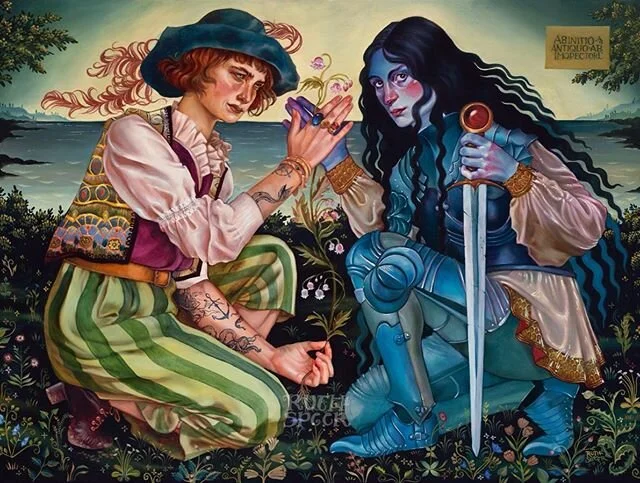 ☘️ I’m pleased to share the finished painting of “Valley of the Shadow,” oil on board, my first piece of 2020.
This will be released as a print with @peoplesprints on Thursday, March 12 at 1pm PST 🌿 there will be 50 signed 12x16” prints and a very limited number of full size 18x24 prints, hand embellished by moi 💚
.
I always seem to figure out what a painting means as I’m working on it. My goal is always to lay a trail of symbols and visuals that can be interpreted in a lot of ways, like building blocks, to tell a personal story that’s different for everyone who sees it; but the story I tell myself through it usually takes a while to reveal itself.
.
I began this painting the same month I started therapy. I don’t want to write a lot about the specifics, but ultimately I’ve realized this painting is about two parts of me: my curious, exploring, emotionally honest self feeling anger and grief and joy, and the conflict-avoiding yet protecting part that feels the need to shove all that somewhere far away and space out in order to function. This piece is about the two reaching a truce. The central flower is pink lily of the valley, which can symbolize the return of happiness, and has also been used in religious painting to represent humility. The Latin inscription in the corner says “Ab Initio, Ab Antiquo, Ab Imo Pectore” which translates roughly to “from the beginning, from the ancient (or from ancient times), from the depths of the heart.”
.
It’s been an extremely rough personal season which, for me, means painting and making art is difficult. But I’ve been going on a lot of long walks and reading and leaning on my friends who are so good to me. I want to thank you, whoever you are, for reading this far and for supporting me and my work 💙 Spring is coming, and new poems and flowers and growing green things.
.
I don’t want to leave out that the idea for this painting was planted by a letter from @lilyarnoldart in Germany just after I opened my PO box - thank you for the inspiration 🌿💚🌿