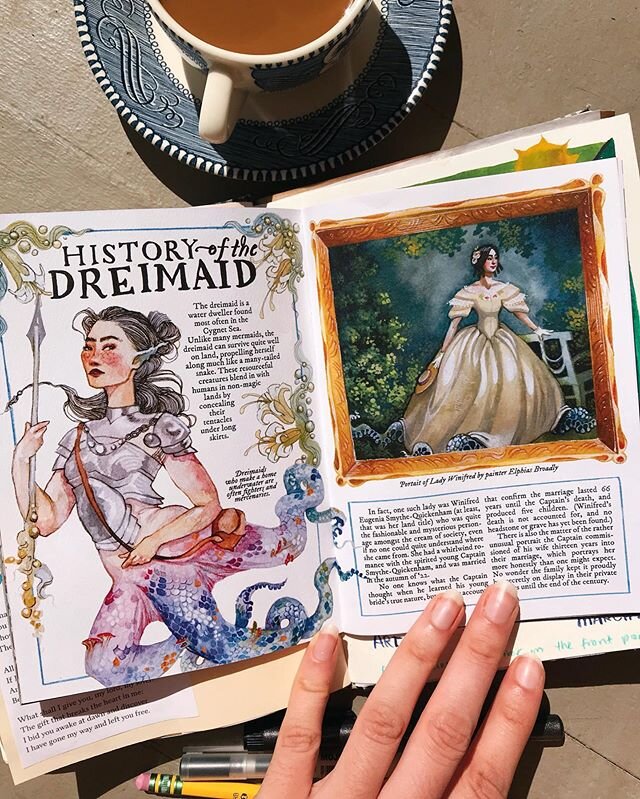 Happy Sunday friends. I’m thinking about the next book I want to make. I think it would be small, filled with spring and forest thoughts, and able to fit into an envelope with regular postage. If you have ideas of what you’d like to see: leave them here, I’d love to hear about it 🌿
Anyway, that made me want to go through my 2018 book, “there is a magic deeper still.” This is one of my favorite spreads, with the little bit weird, little bit romantic story of a semiaquatic lady that @sylwiaholmes and I dreamed up in Bath, England a summer ago. It was a lot of fun to do the rococo-inspired portrait on the left.
also, please tell me what you did today! What kind of tea did you make? Do you have song recommendations? I’ve been playing Fast Slow Disco by @st_vincent and Remind Me by @emilykingmusic, as well as the whole @emmafilm soundtrack. I send you all my warmth and hope that you are doing all right. 💚
Celtic benediction is by J Philip Newell.