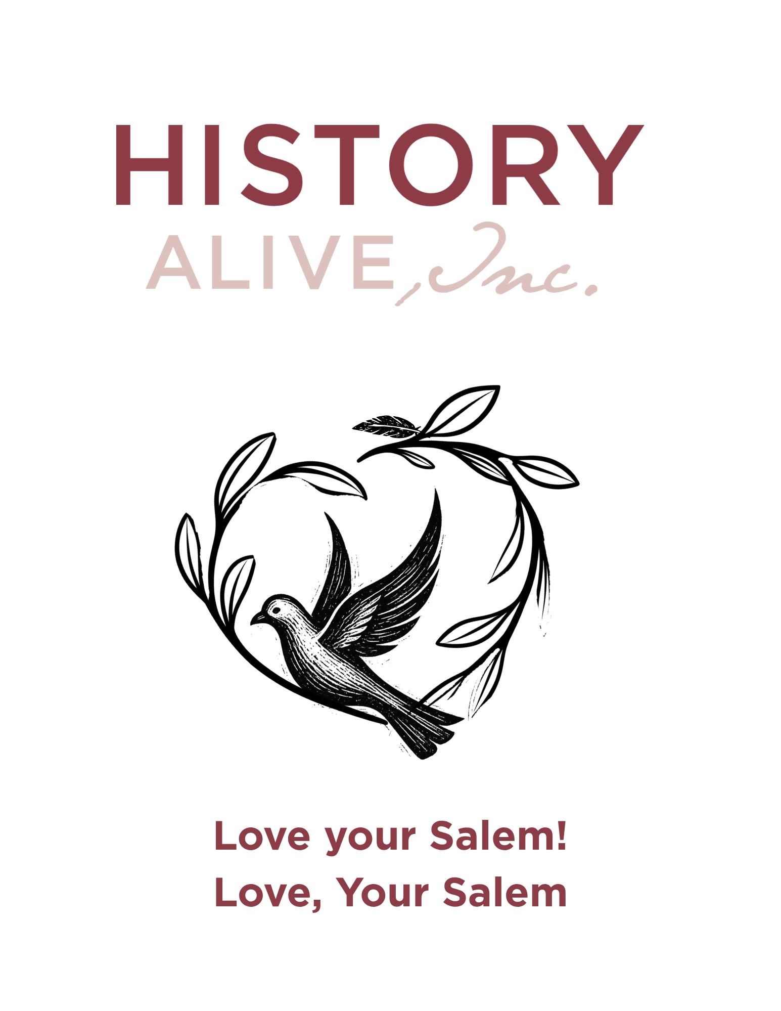 a linocut illustration of a dove and an olive branch in the shape of a heart