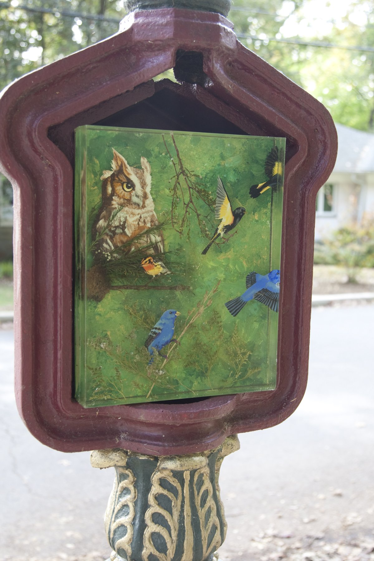 Call Box Representing Native Bird Species, Cleveland Park, Washington, DC - acrylic paintings and natural materials in resin