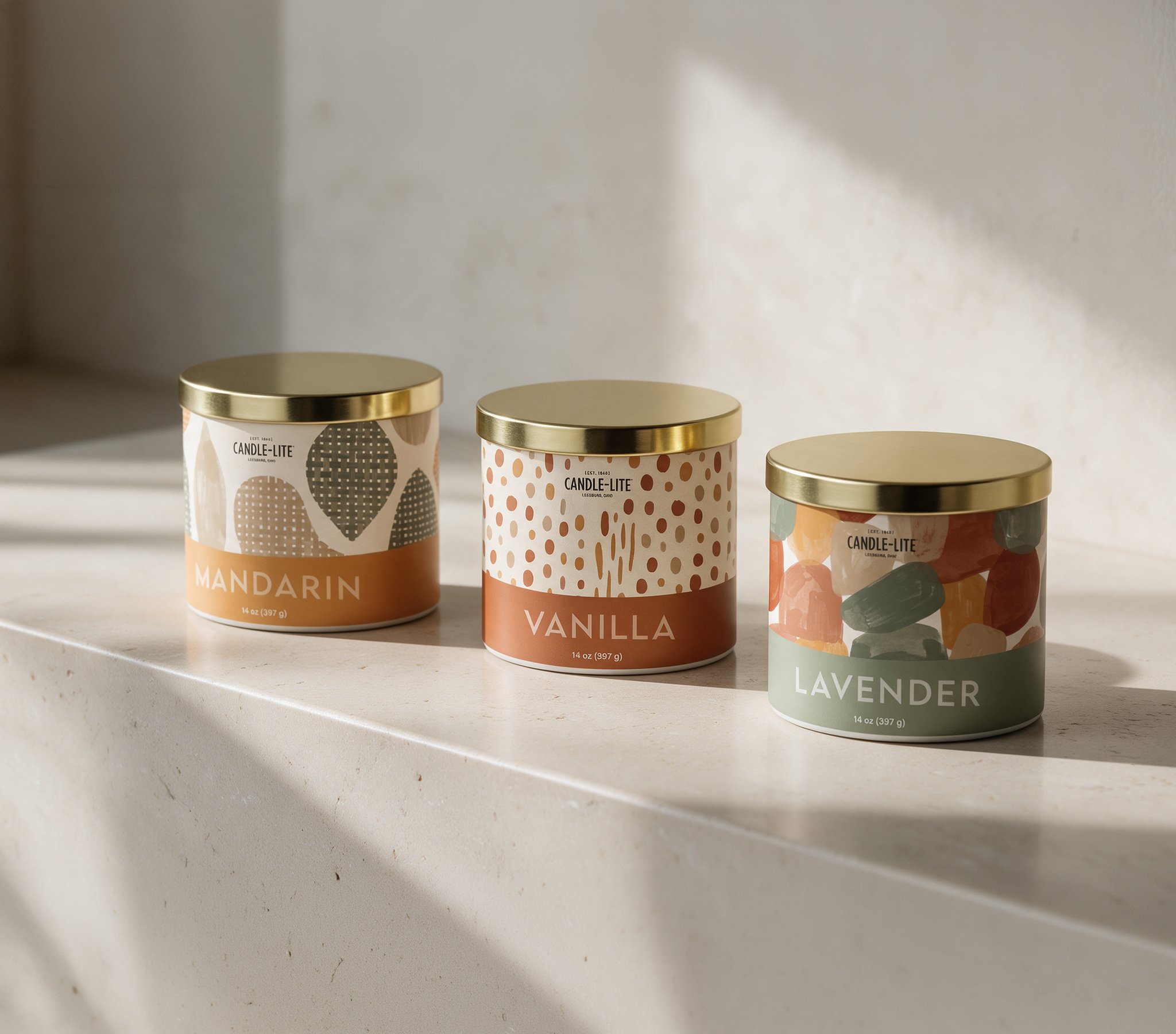 A collection of candle labels designed with a clean, cohesive look and distinct visual identity for each scent.