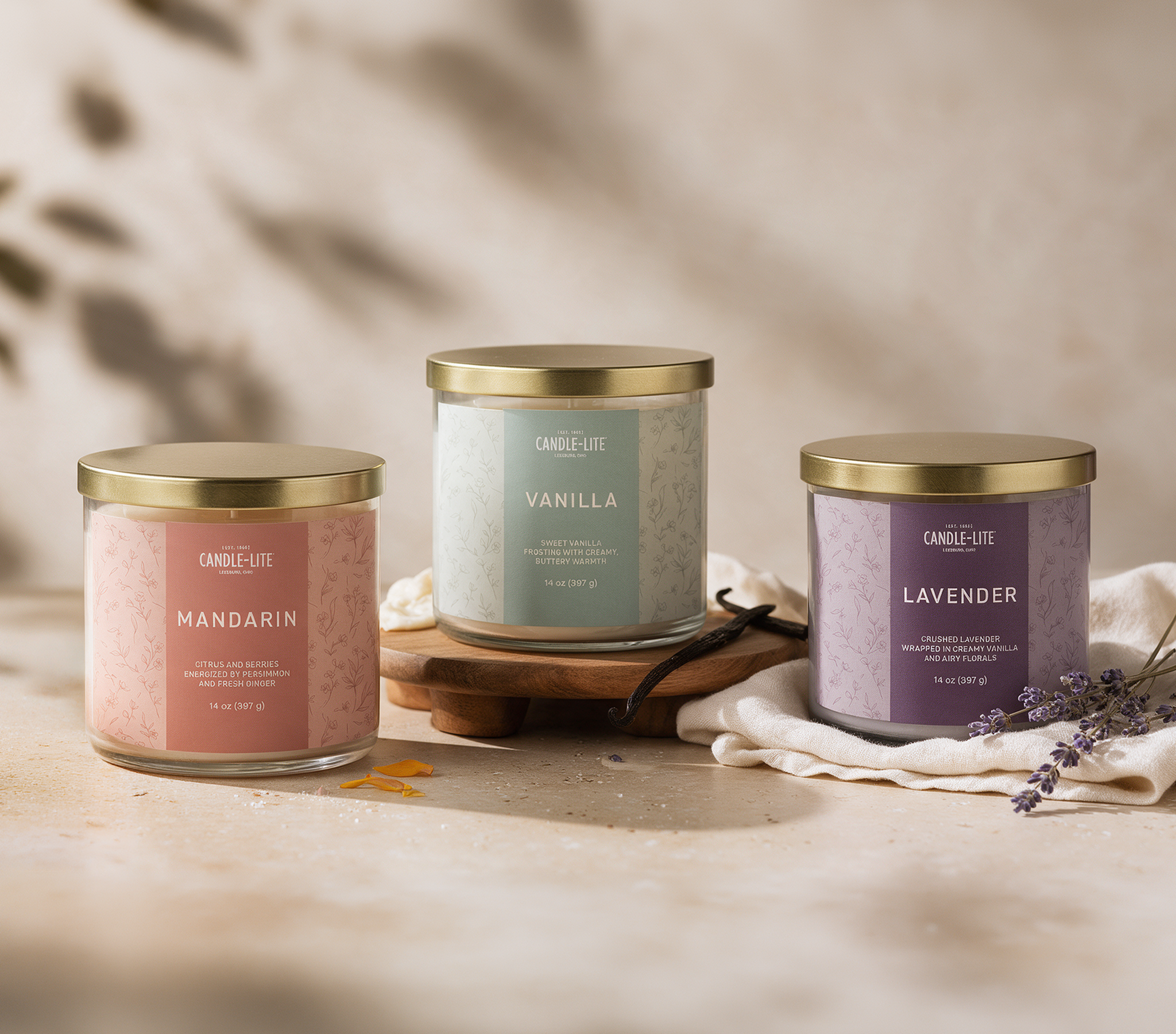 A collection of candle labels designed with a clean, cohesive look and distinct visual identity for each scent.
