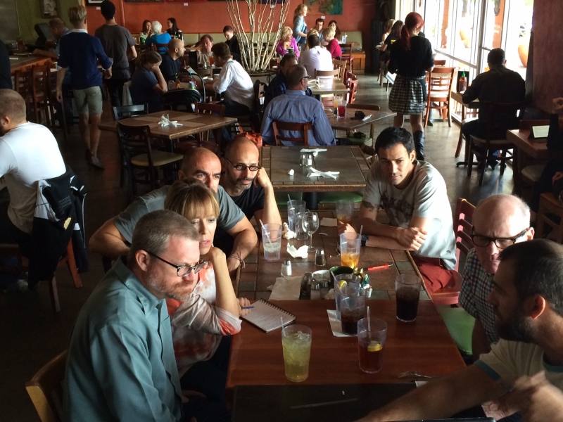  Wanderson with phICA Board members Vicki Stouffer, Greg Esser, and Eddie Shea; Edson Silva, Director/Co-Founder of Casa da Ribeira Cultural Center, Natal, Brazil; Hugo Delgado, owner of Oba! Restaurant, São Paulo; and Porto Alegre, Brazil-based arti