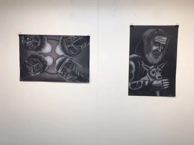 Christian Stewart and Kat McGrath charcoal drawings, 4-16-16