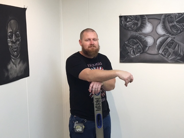  Cory Slawson installing the exhibitions, 4-16-16 