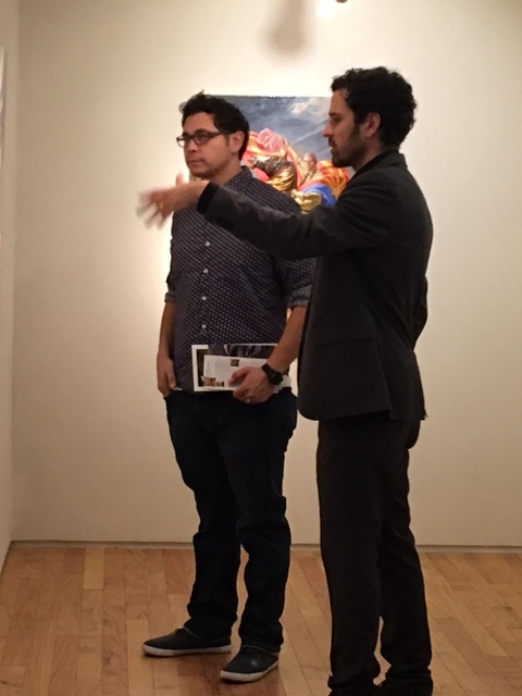  Darrin discussing his paintings with Larry Madrigal, showing in November with phICA, 10-21-16 