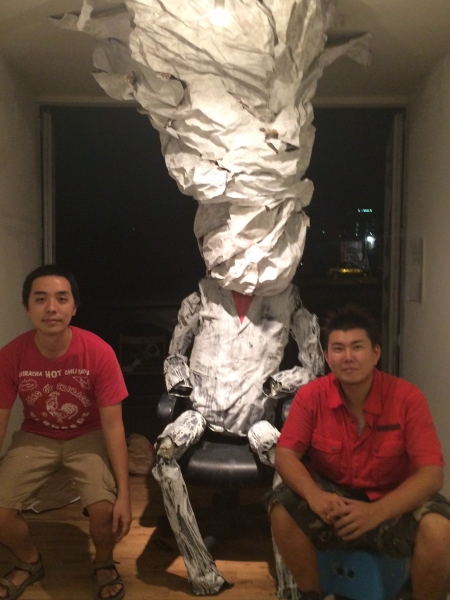  Kazuma Sambe with Takashi and his installation, 10-15-15. Photo credit - Ted Decker 
