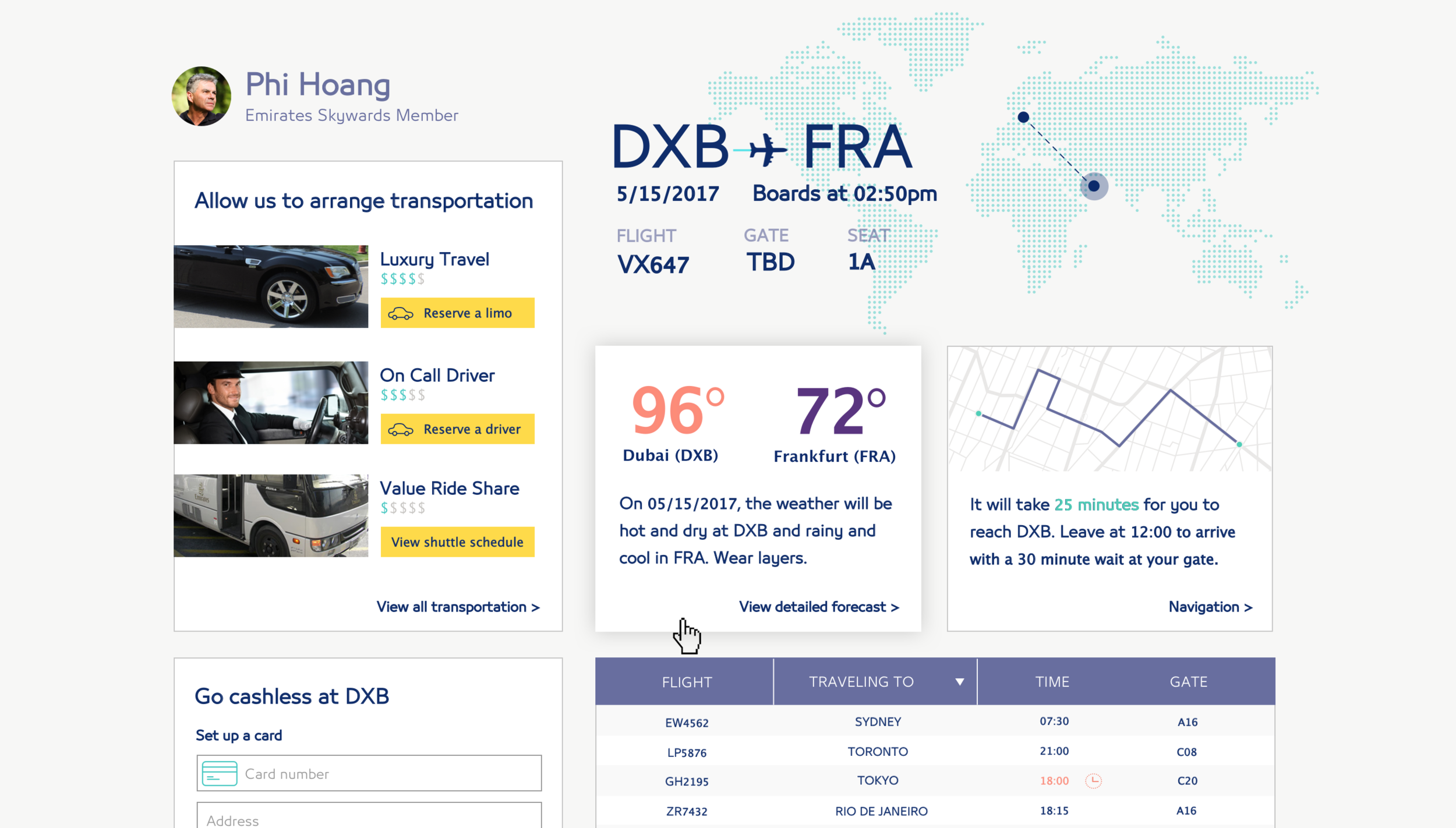 Did I mention that DXB is also very large? Many of our personas for this project expressed the typical confusion and anxiety that comes with traveling internationally and trying to navigate an airport in a very chaotic environment. Keeping this in mind, we integrated many ways to navigate the airport. Maybe you have been to DXB before and simply need a visual overview to the nearest lounge, or maybe this is your first time abroad and an AR wayfinding view with detailed instructions would be most helpful. This app would facilitate all of those needs. 