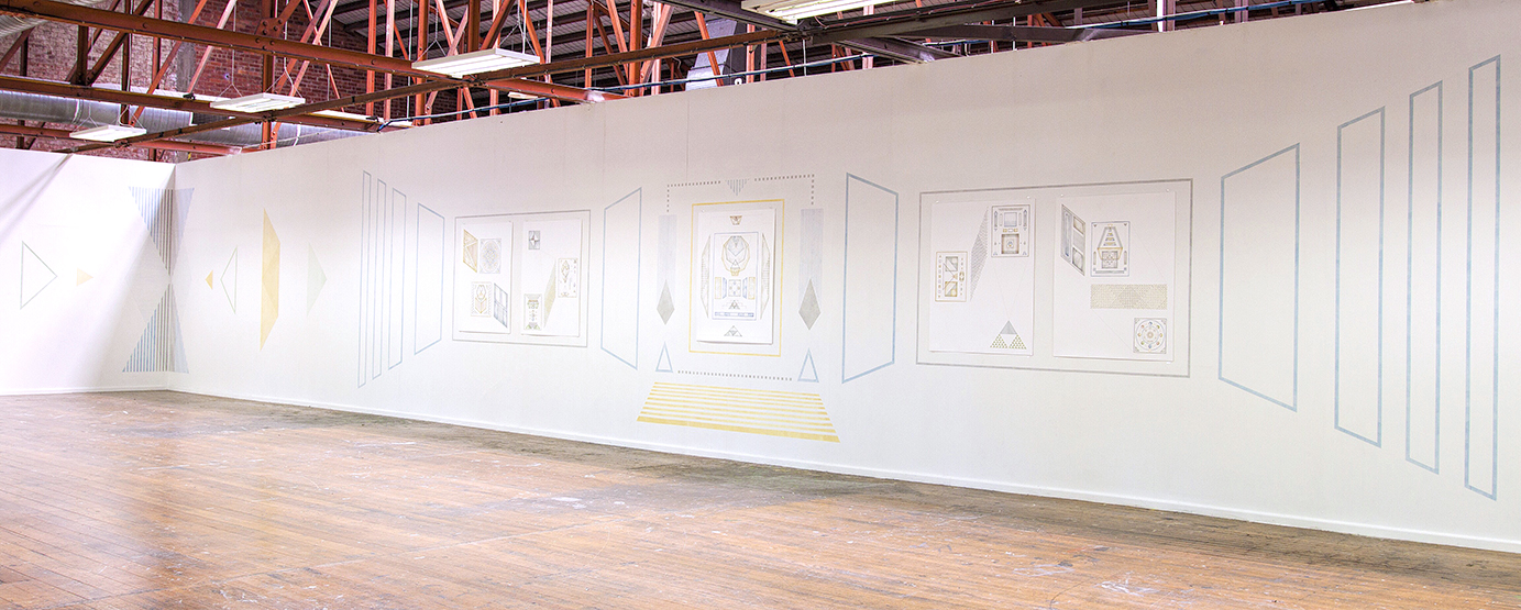   Wander  - installation view  acrylic and pen on paper &amp; acrylic, pen and coloured pencil on wall, 350 x 3100 cm 