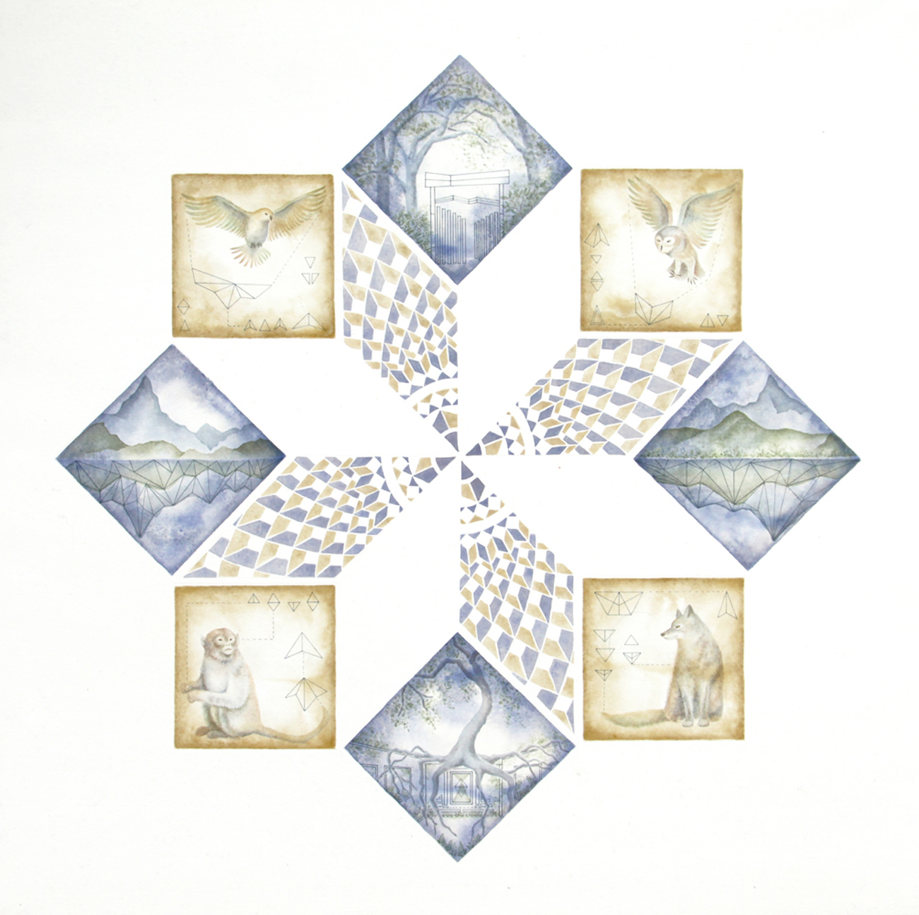 Interplay acrylic and pen on paper, 60 x 60cm
