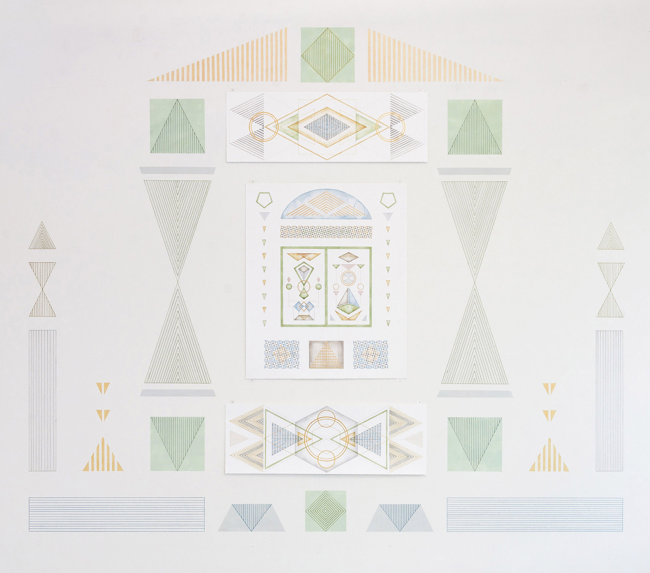   Temple Drawing (Garden Gate)   acrylic, pen and coloured pencil on paper &amp; on wall, 160 x 185 cm 