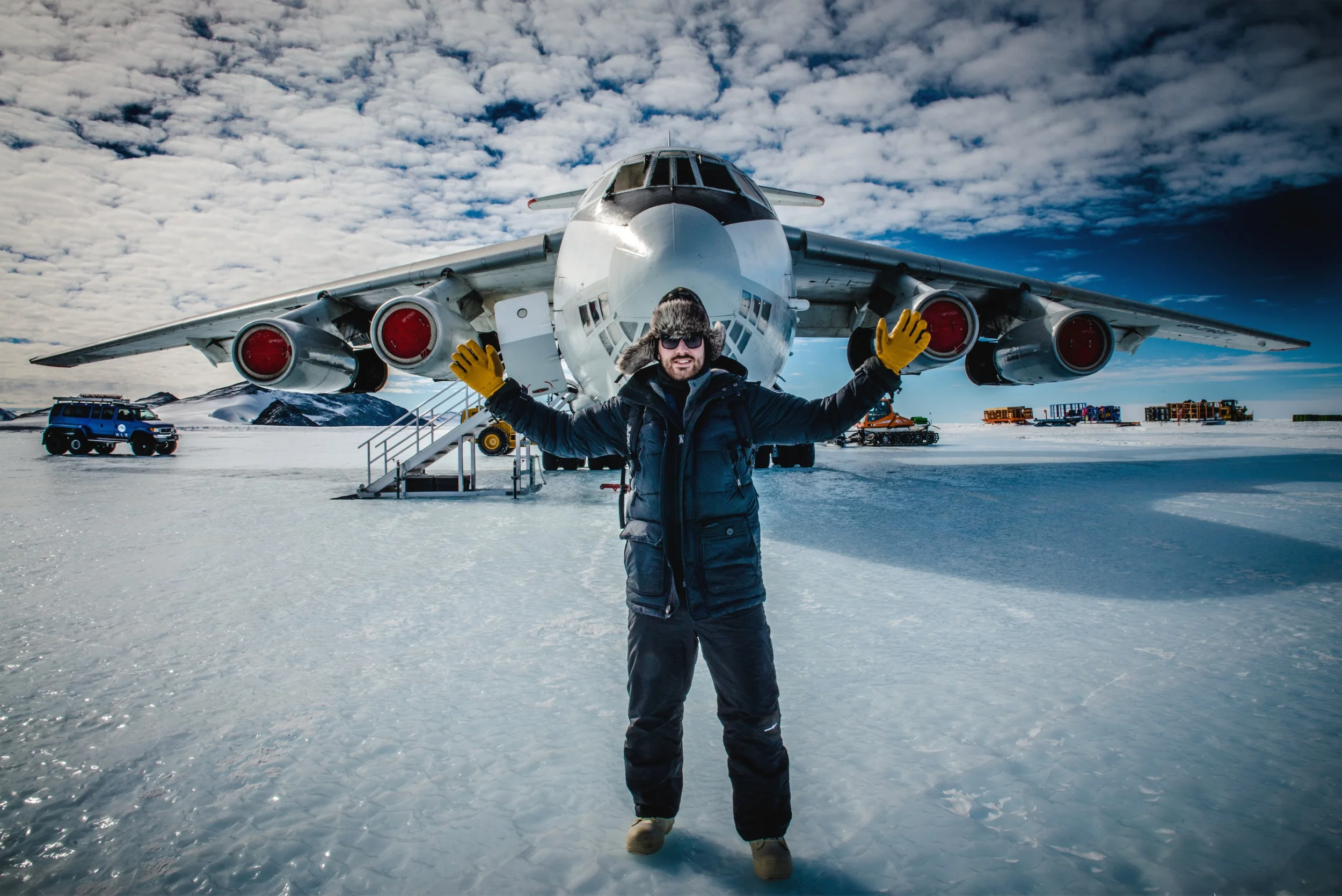 Standing on the blue ice runway in front of the Ilyushin 76 aircraft. Photo by Mark Conlon.