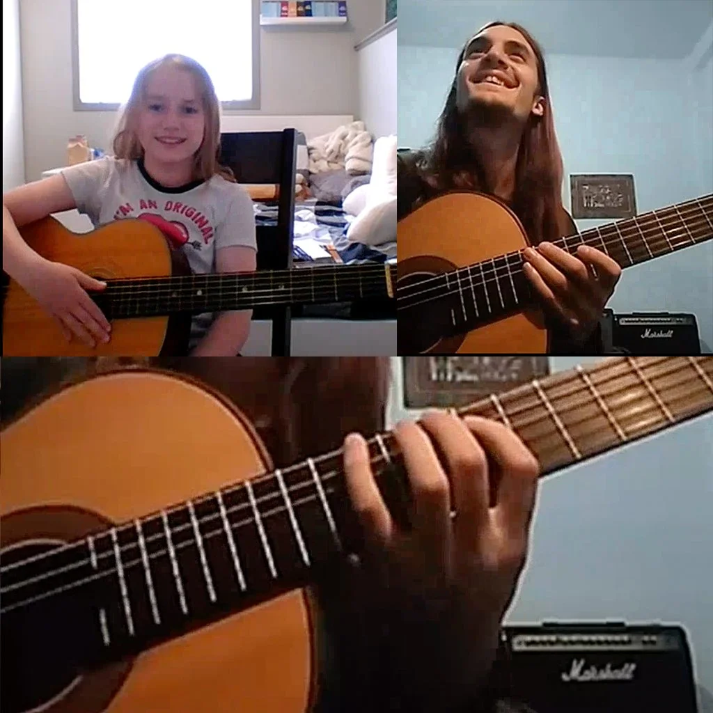 Young student and guitar instructor laughing during a live 1-on-1 online guitar lesson with Volo Academy of Music