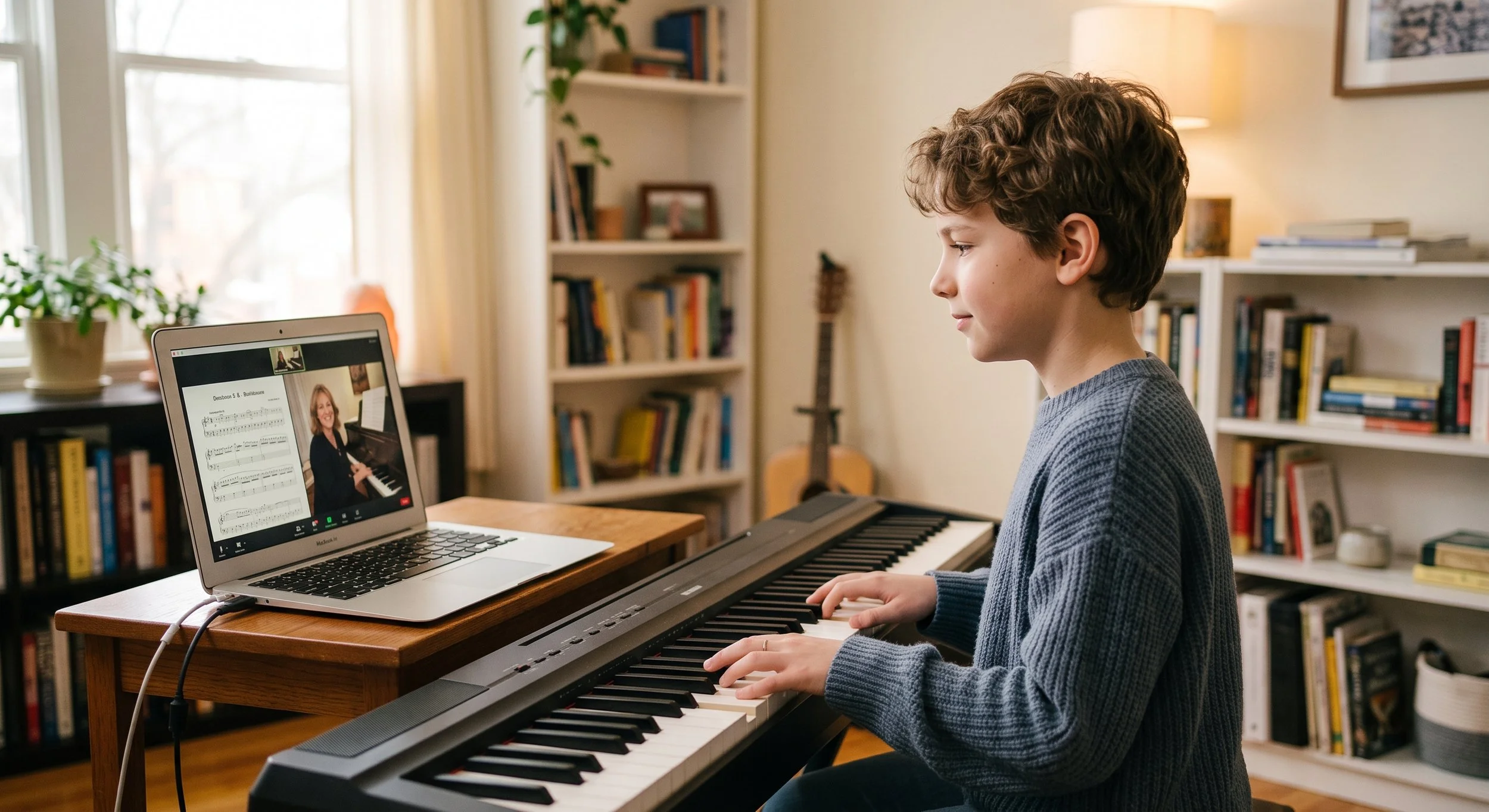 Certified piano instructor demonstrating proper finger technique in a virtual class.
