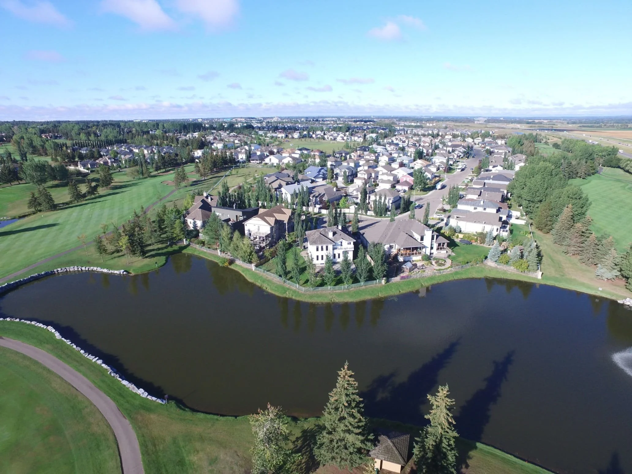 Aerial view of Spruce Grove, with a lake