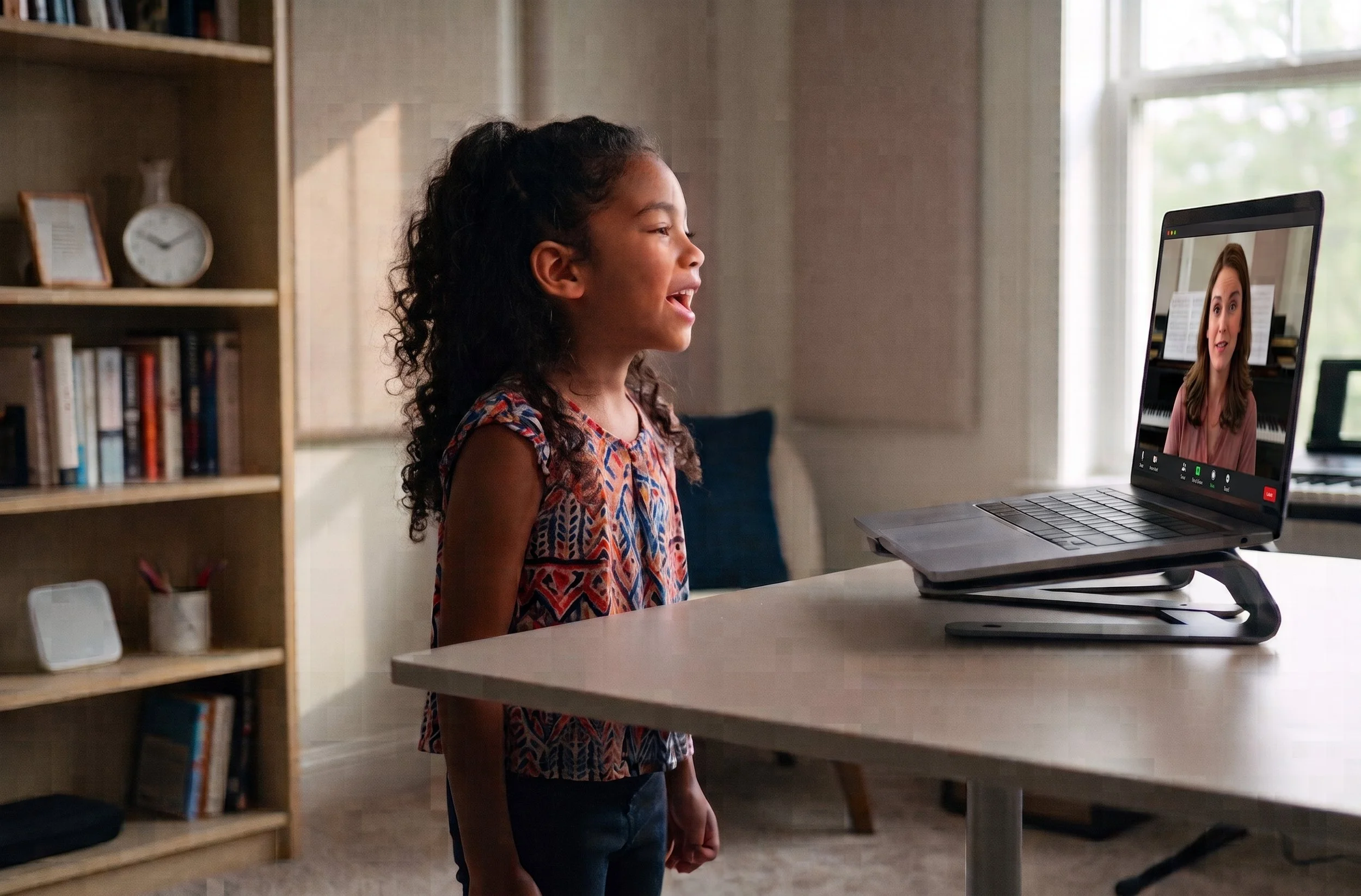 Young girl singing during a live 1-on-1 online vocal lesson on her laptop with Volo Academy of Music