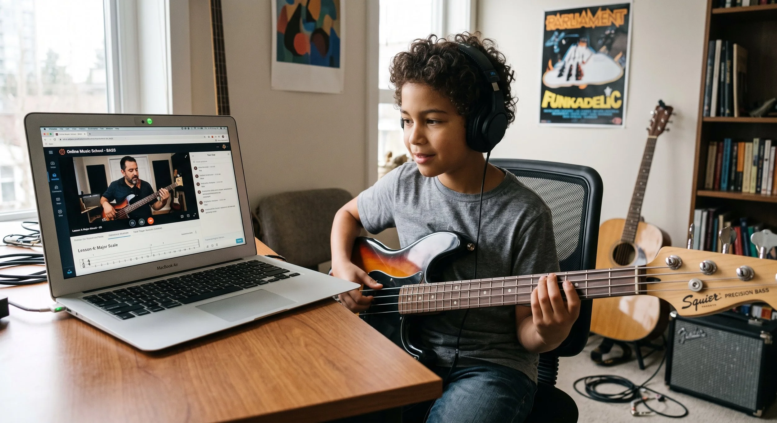 Professional bass instructor demonstrating fingerstyle and fretboard technique in a virtual bass lesson
