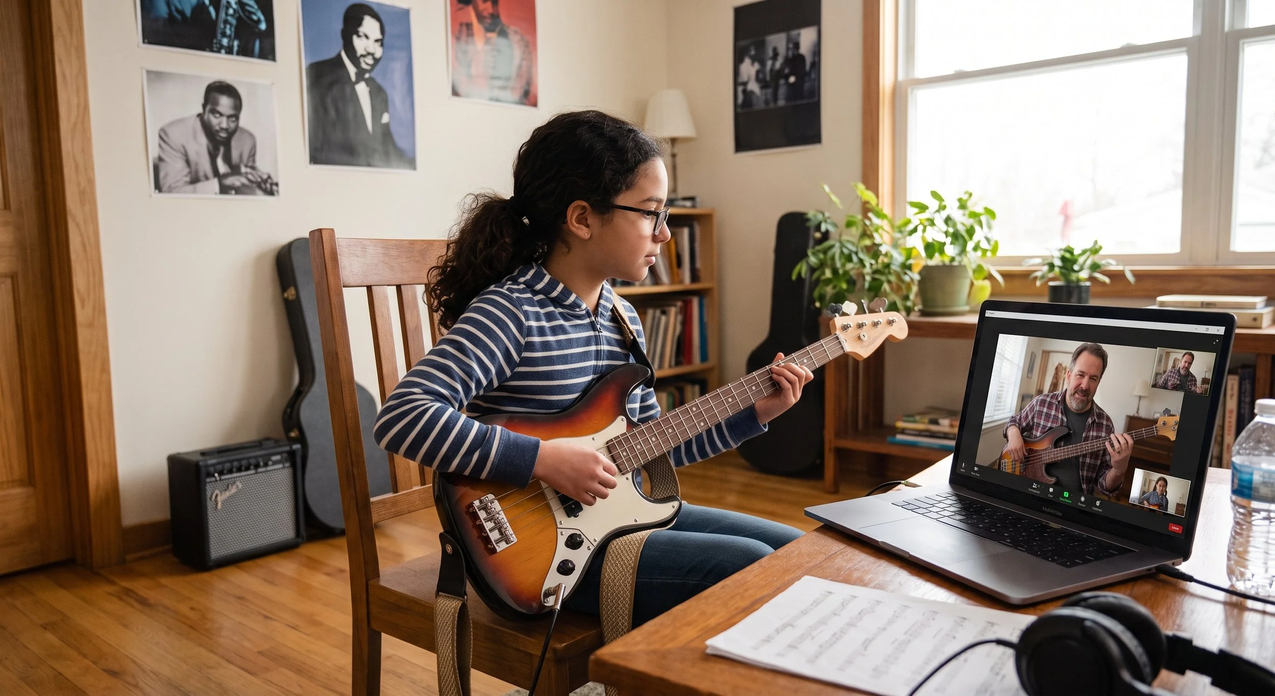 Student playing electric bass guitar during a live 1-on-1 online music lesson with Volo Academy of Music