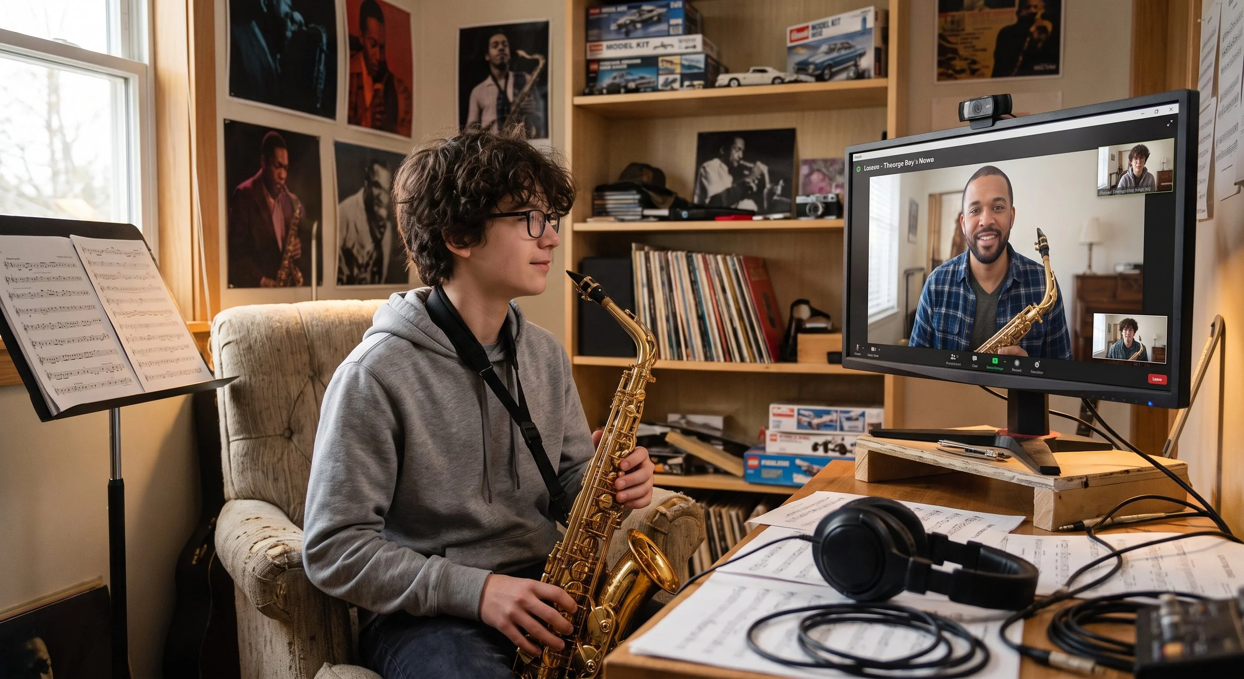 Professional saxophone instructor demonstrating proper embouchure and fingering technique in a virtual class