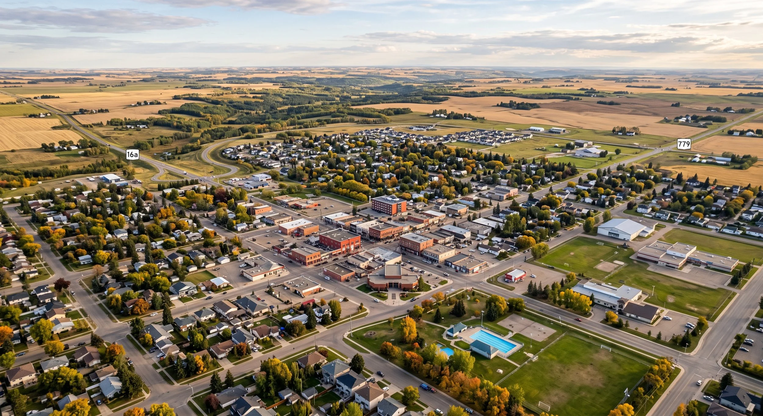 Aerial drone view of Stony Plain, Alberta, serving the local community with piano lessons at Volo Academy of Music.