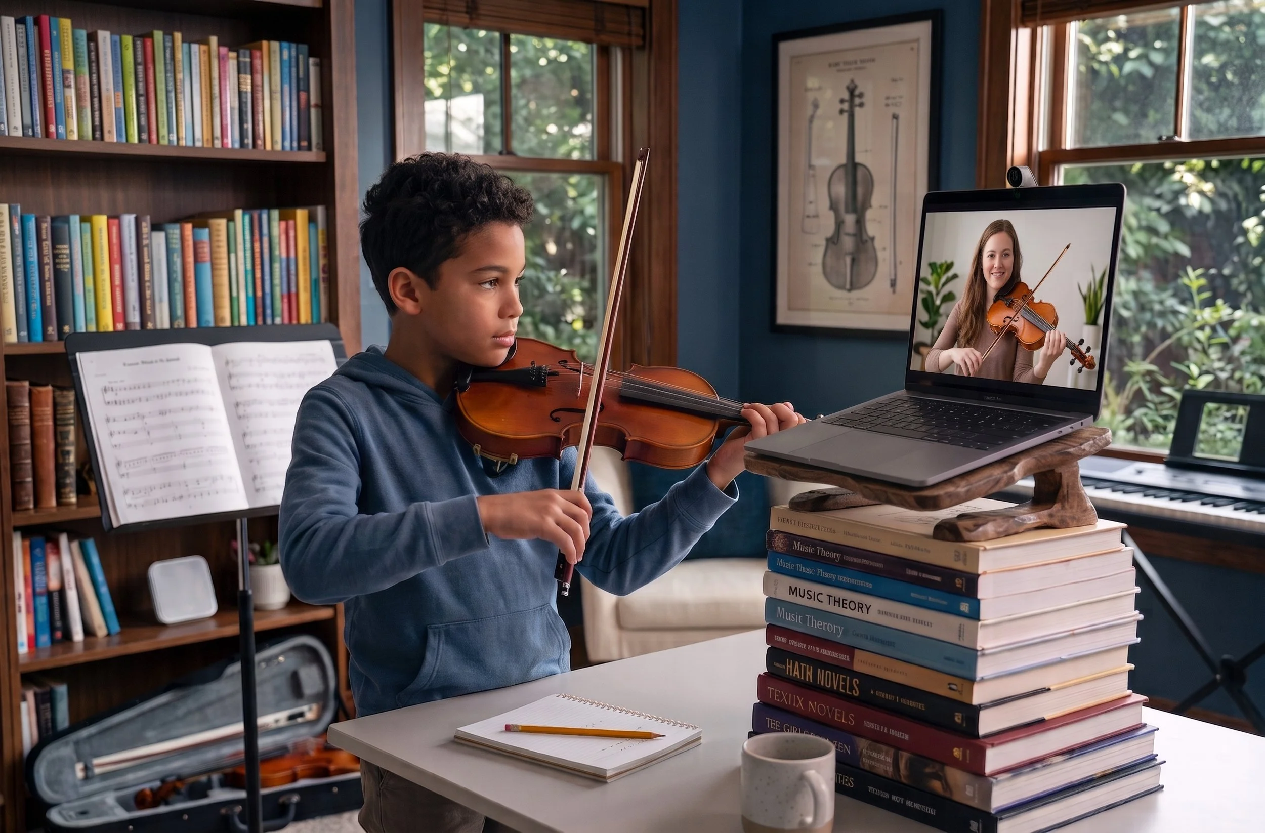 Student practicing proper bowing technique and posture during a live online violin lesson with Volo Academy of Music