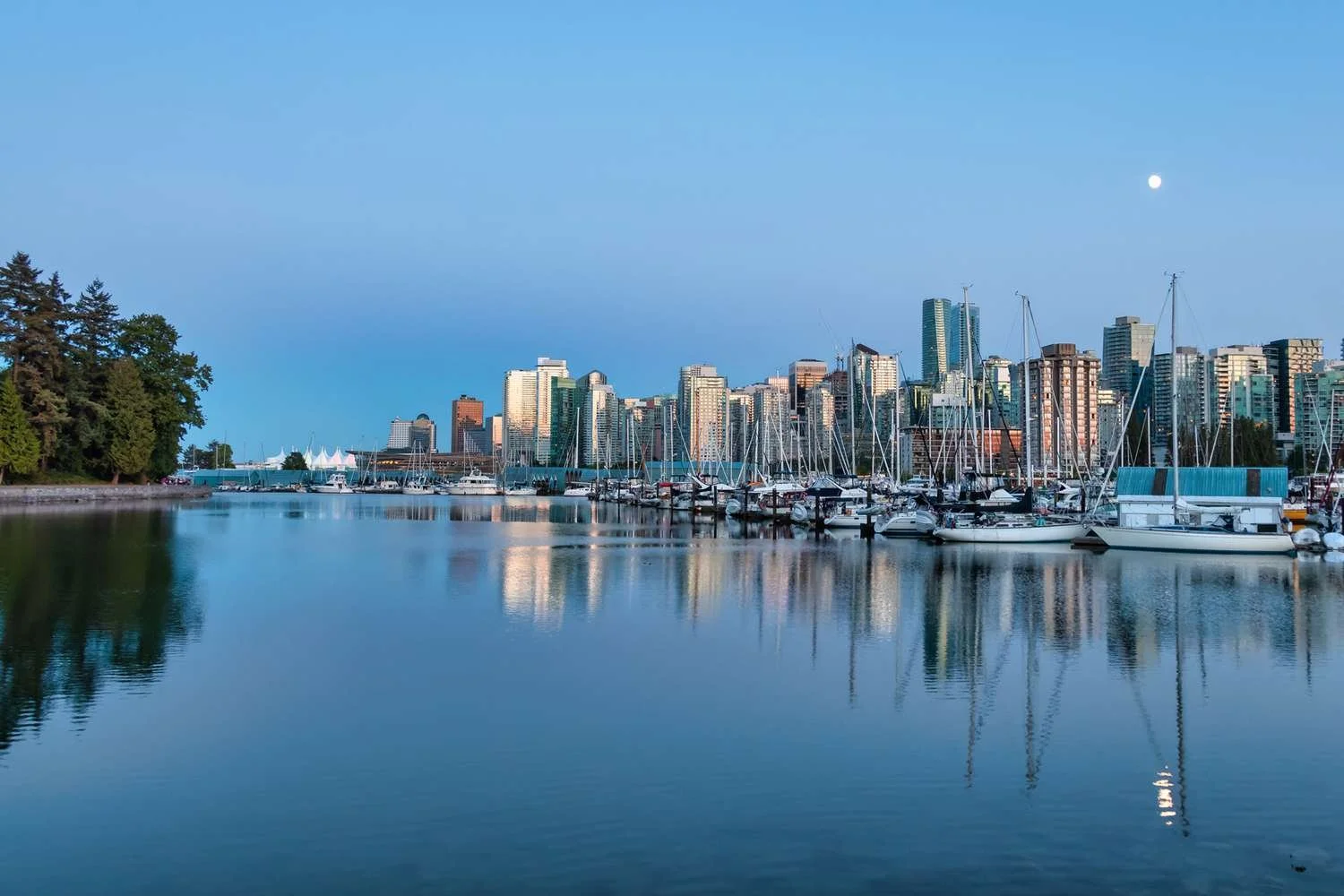 Downtown Vancouver skyline and harbour at dusk