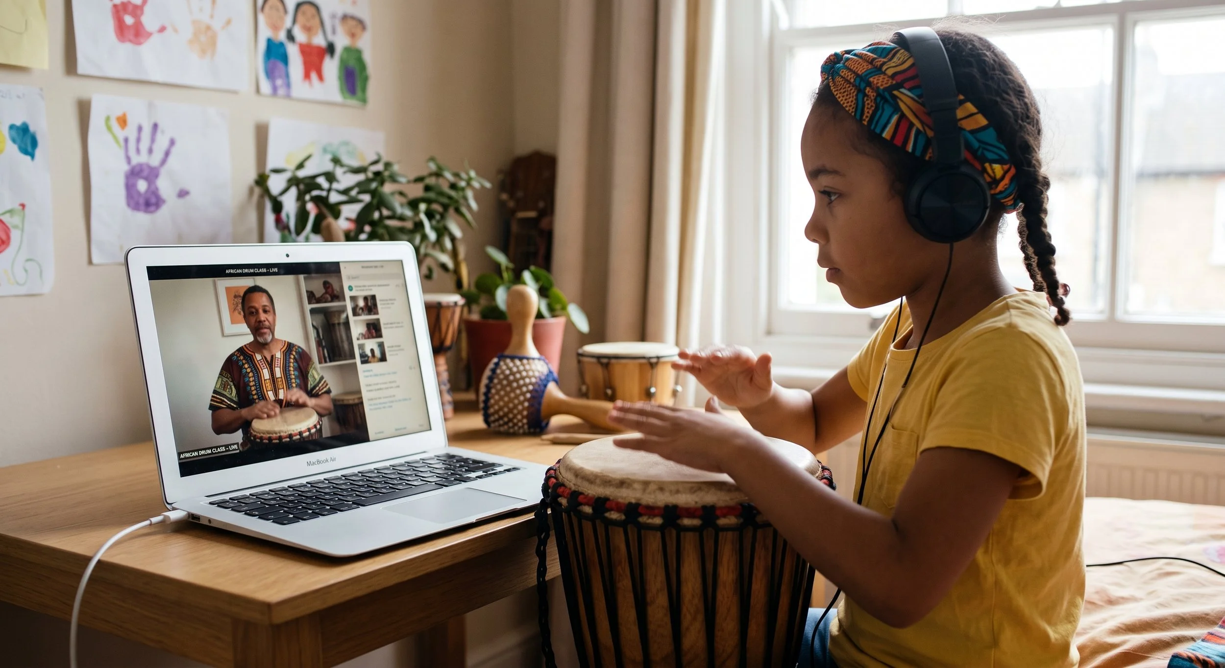 Professional percussion instructor demonstrating bass and slap hand technique in a virtual djembe class