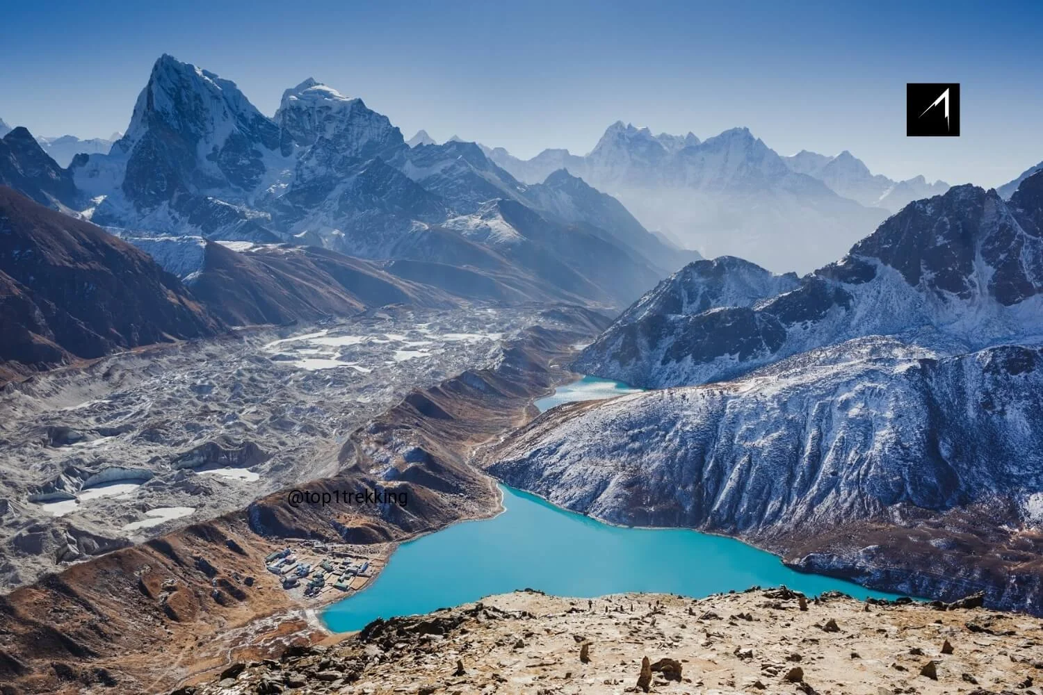 Stunning Turquoise lake Gokyo lake sit next to Ngozumba glacier and above is the highest mountain in the world Everest, Lhotse and other giant mountains.