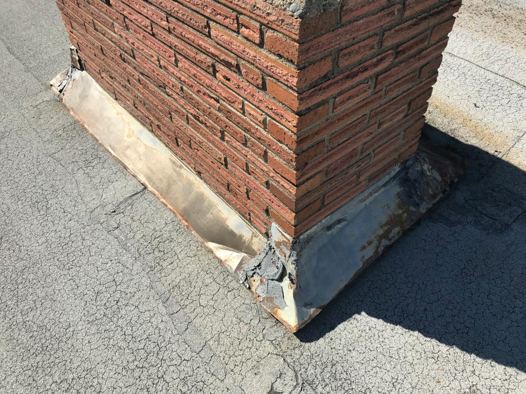 Damaged or missing flashing around chimneys Chimneys should be surrounded by metal flashing that is overlaid with shingles to keep it water tight. This can pull away from the chimney over time, letting water run into your home from the gap in between the flashing and the chimney wall. About 80% of the chimney flashings we inspect are not properly connected!