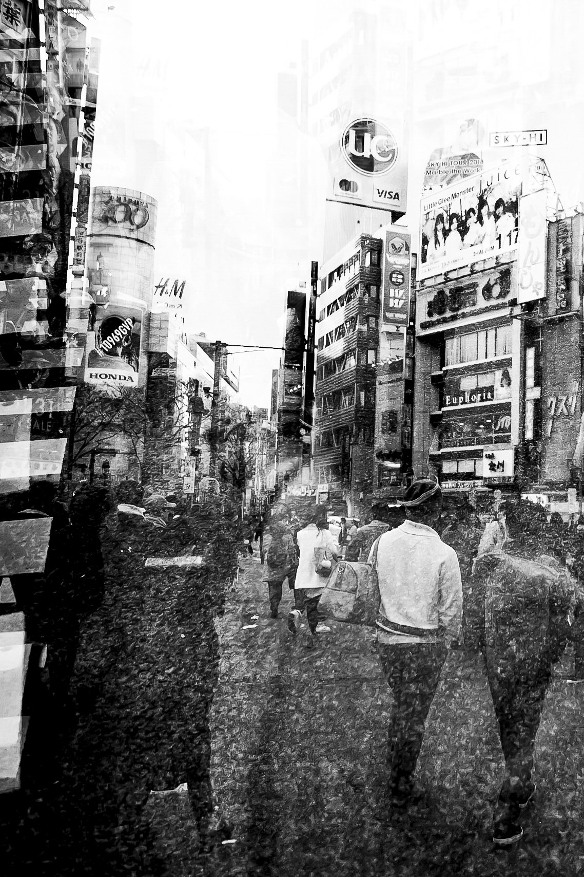 Double exposure of iconic Shibuya Crossing in Tokyo, Japan