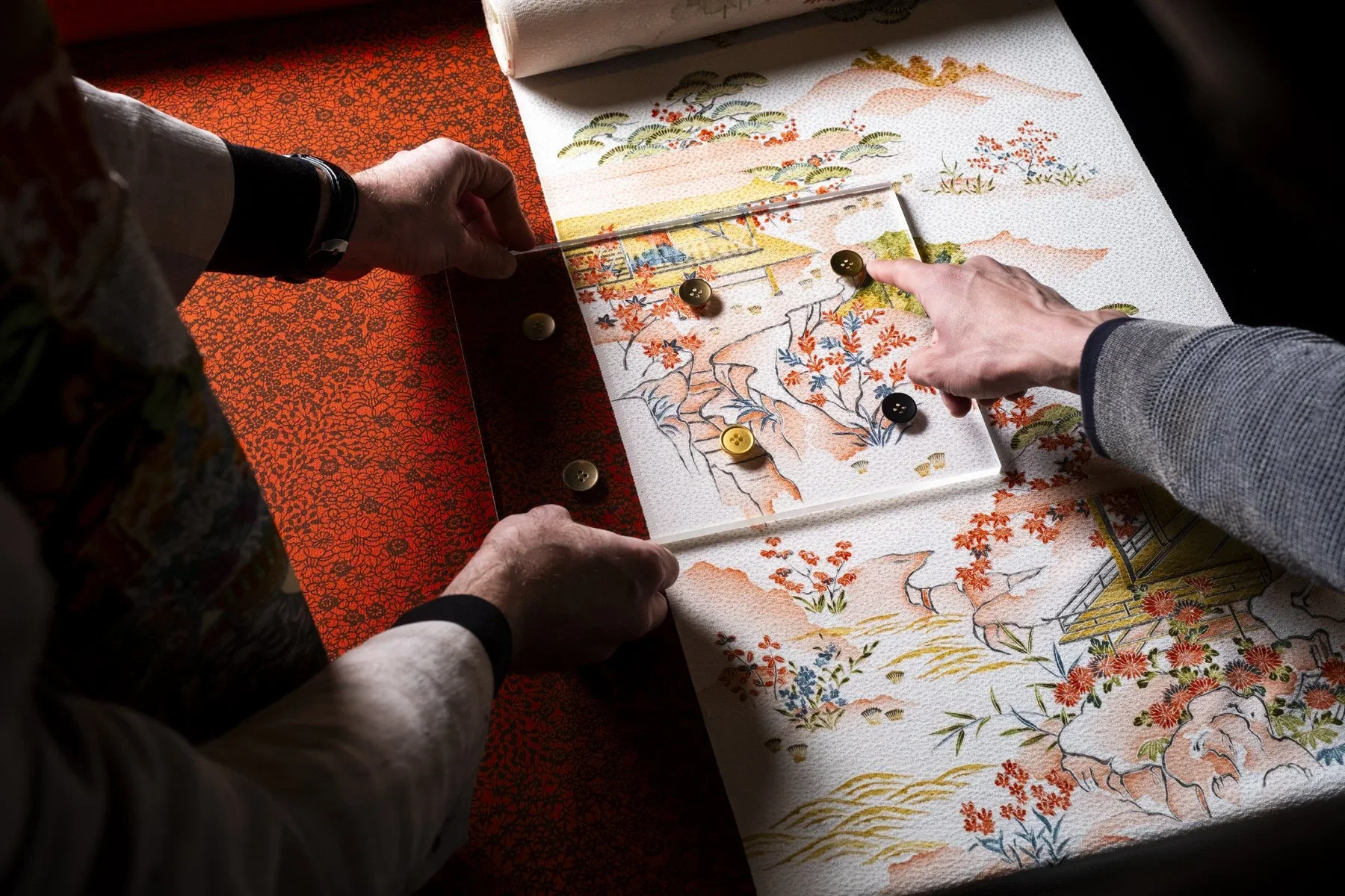 Fabrics are measured in the Ichijiku showroom in Tokyo, Japan
