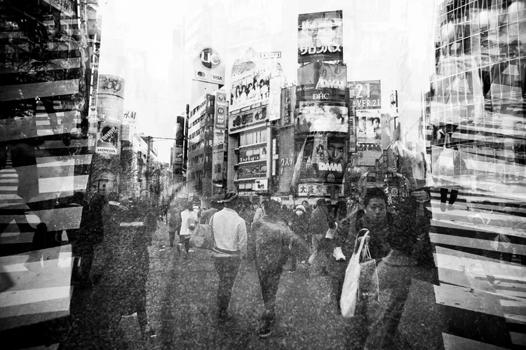 Double exposure of Tokyo's iconic Shibuya Crossing