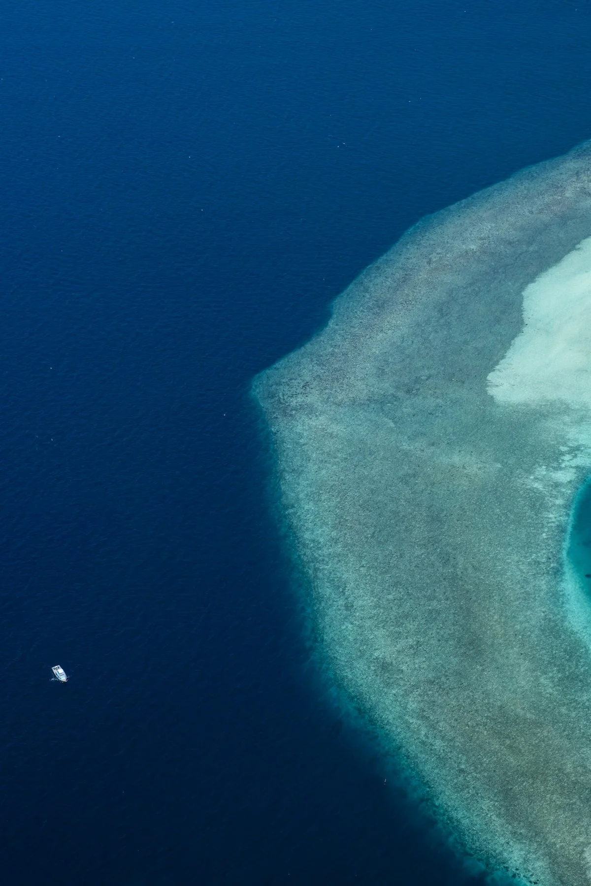 Aerial view of a boat in waters near an island in the Maldives