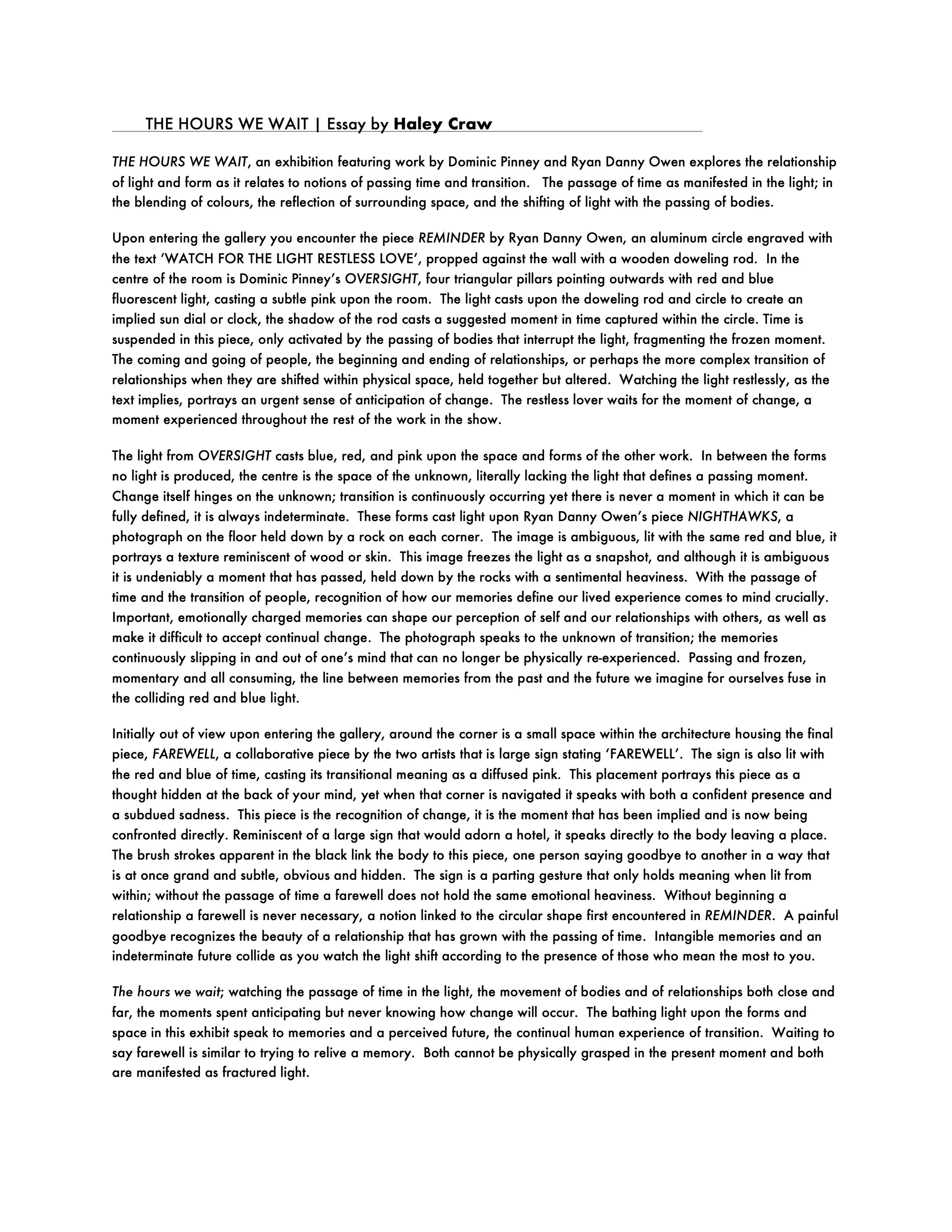THE HOURS WE WAIT exhibition essay by Haley Craw