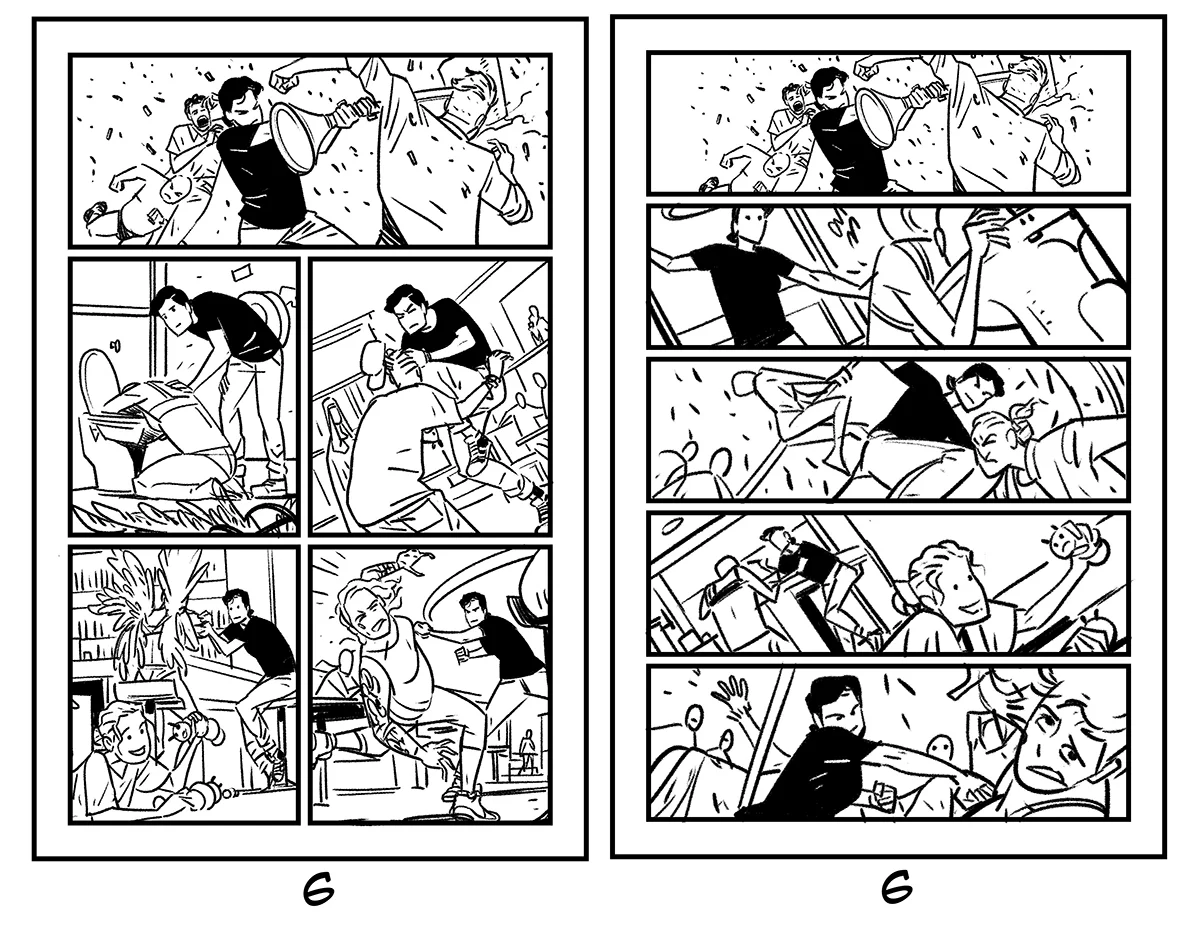 Daniel Hillyard’s initial and final layouts for THE RIDE: BURNING DESIRE #2, page 6