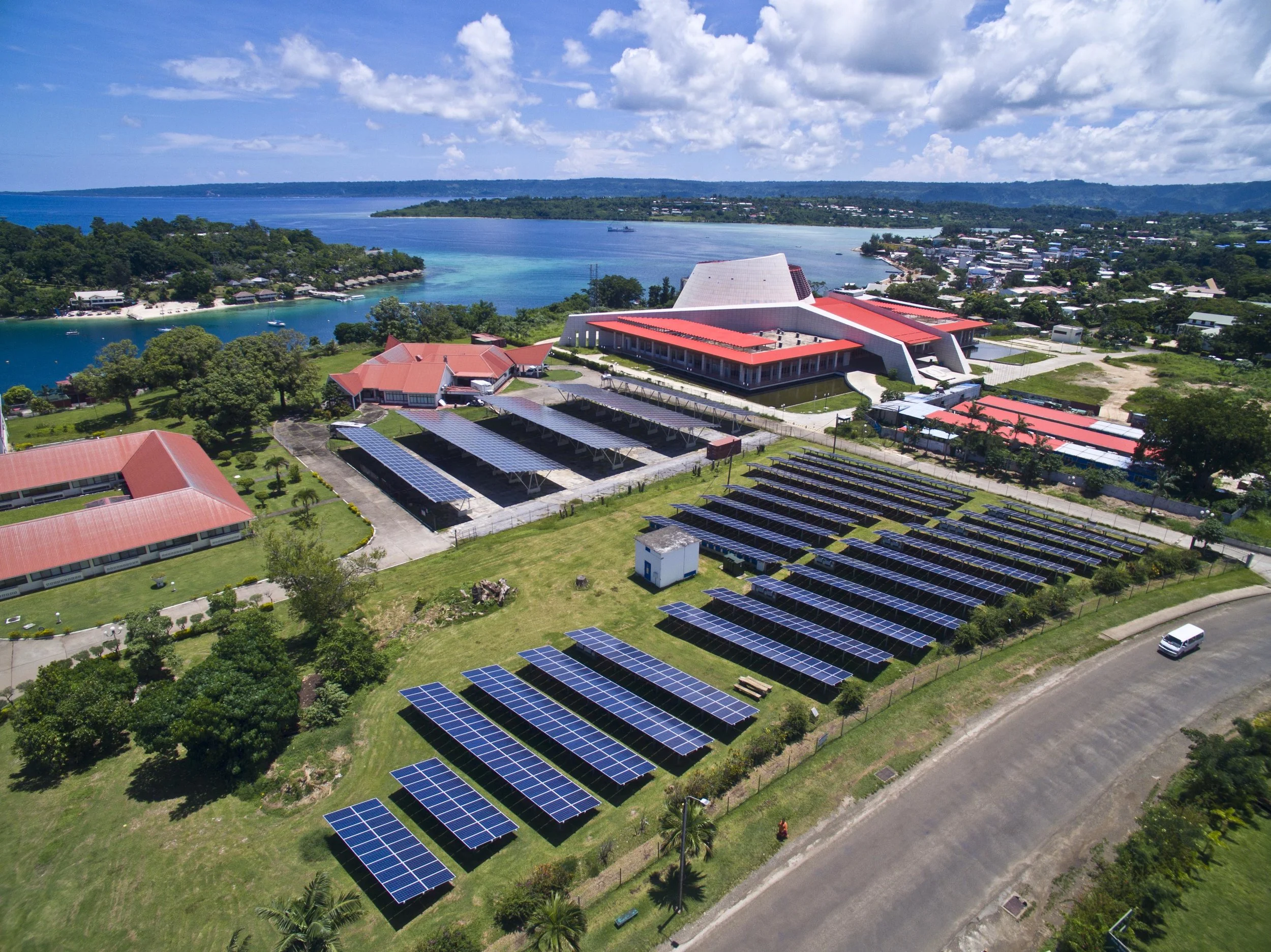Parliament House Vanuatu ground mounted PV and solar car park system installed by Clay Energy