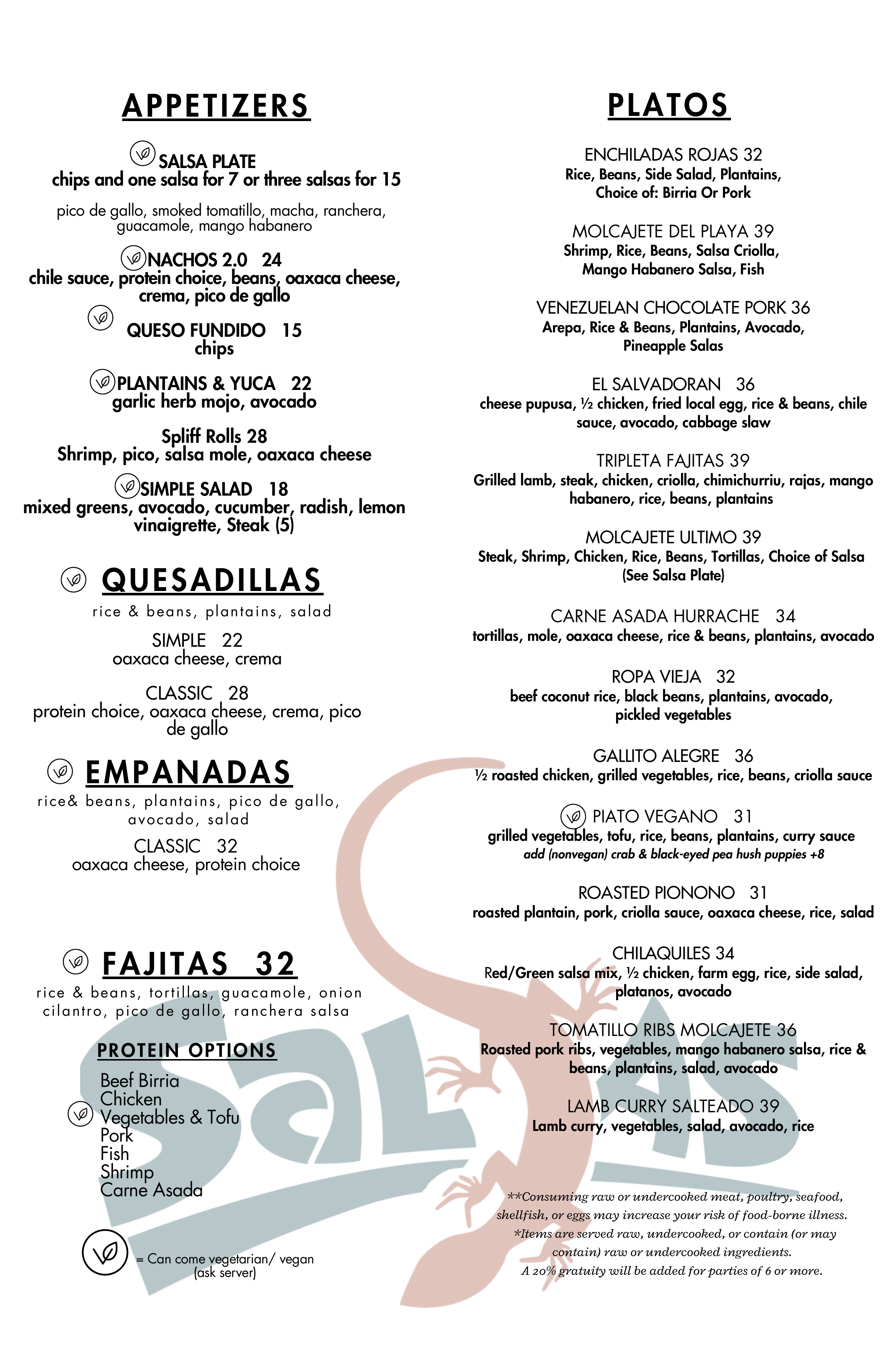 Salsas Dinner Food Menu