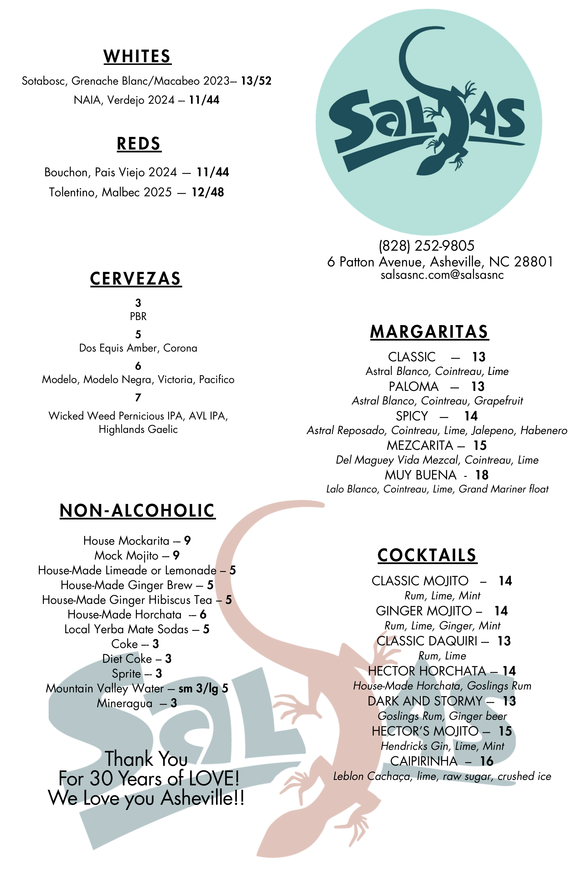 Salsas Dinner Drink Menu