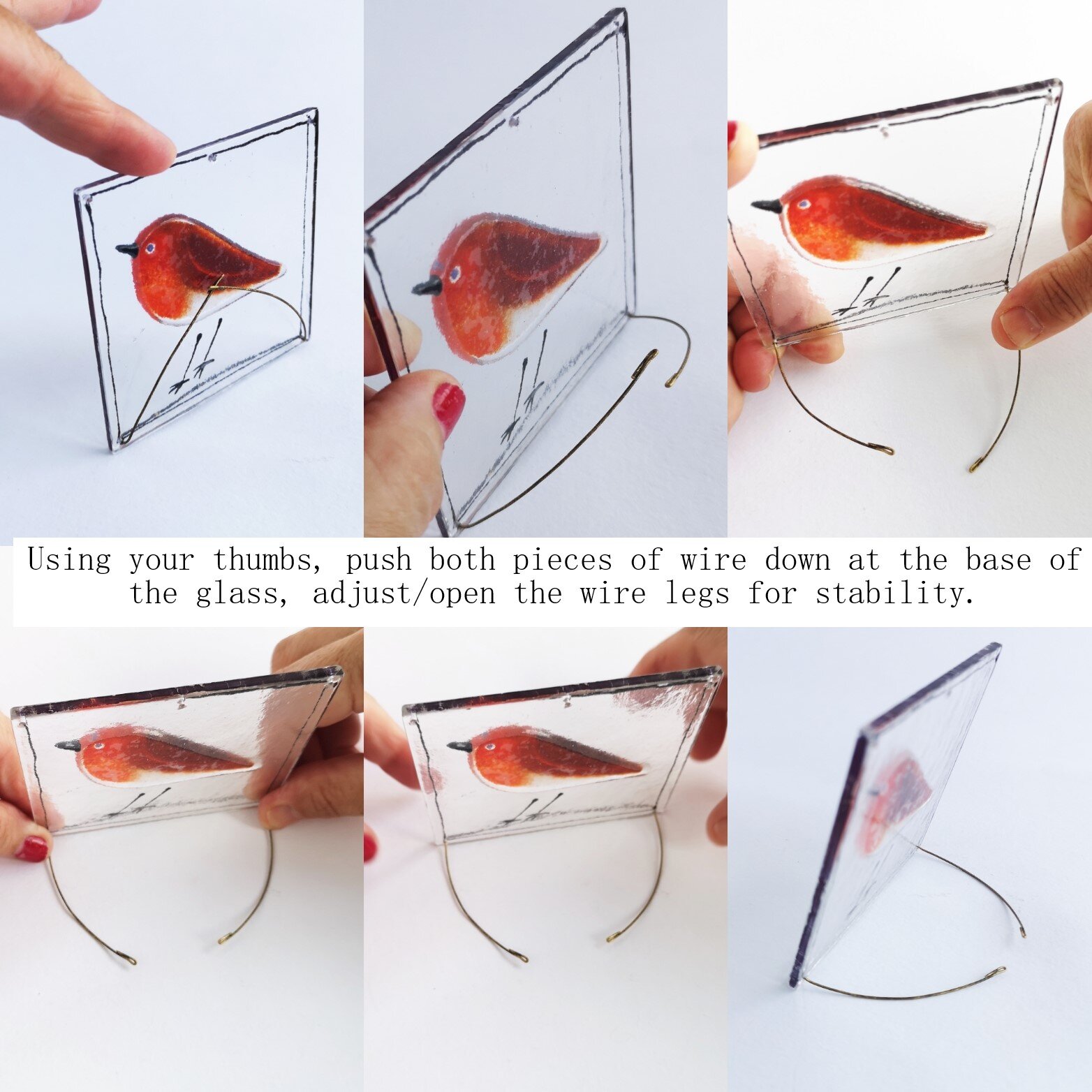 instructions for reassembling wire legs on glass plaque - robyn coetzee fused glass designs