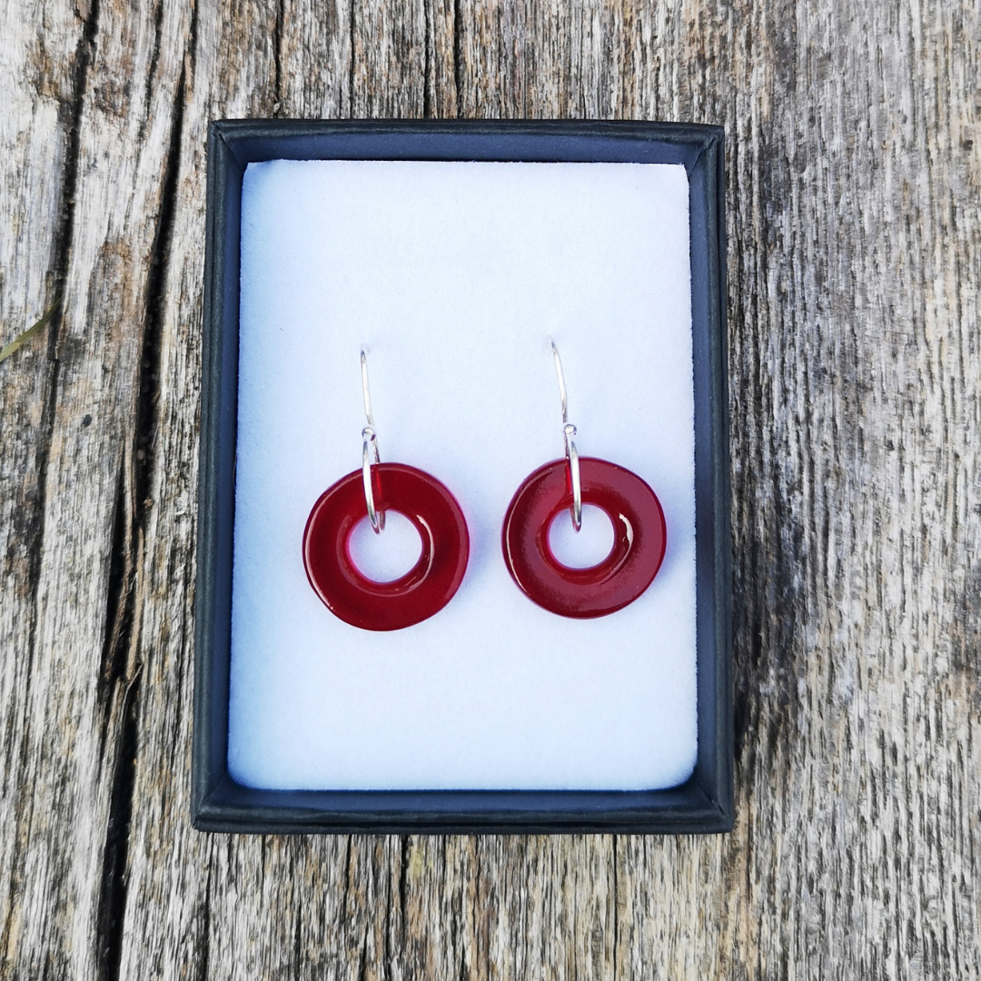 Small Red Fused Glass Dangle Earrings