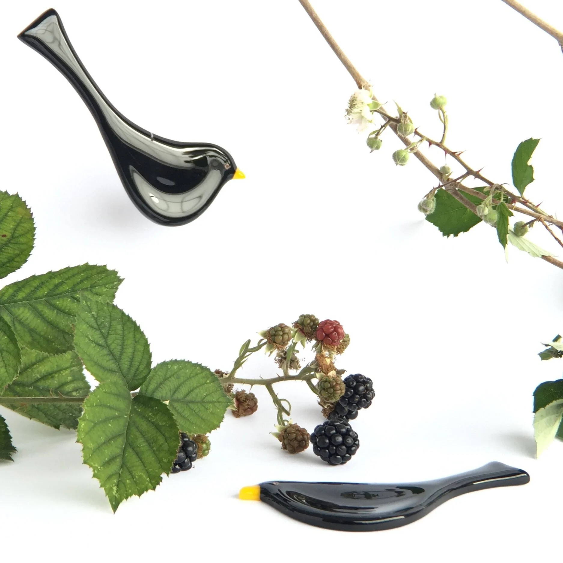 A pair of shiny glass blackbirds, one hanging from above on a string, the other below and flat on the surface, inbetween leaves of a bramble.