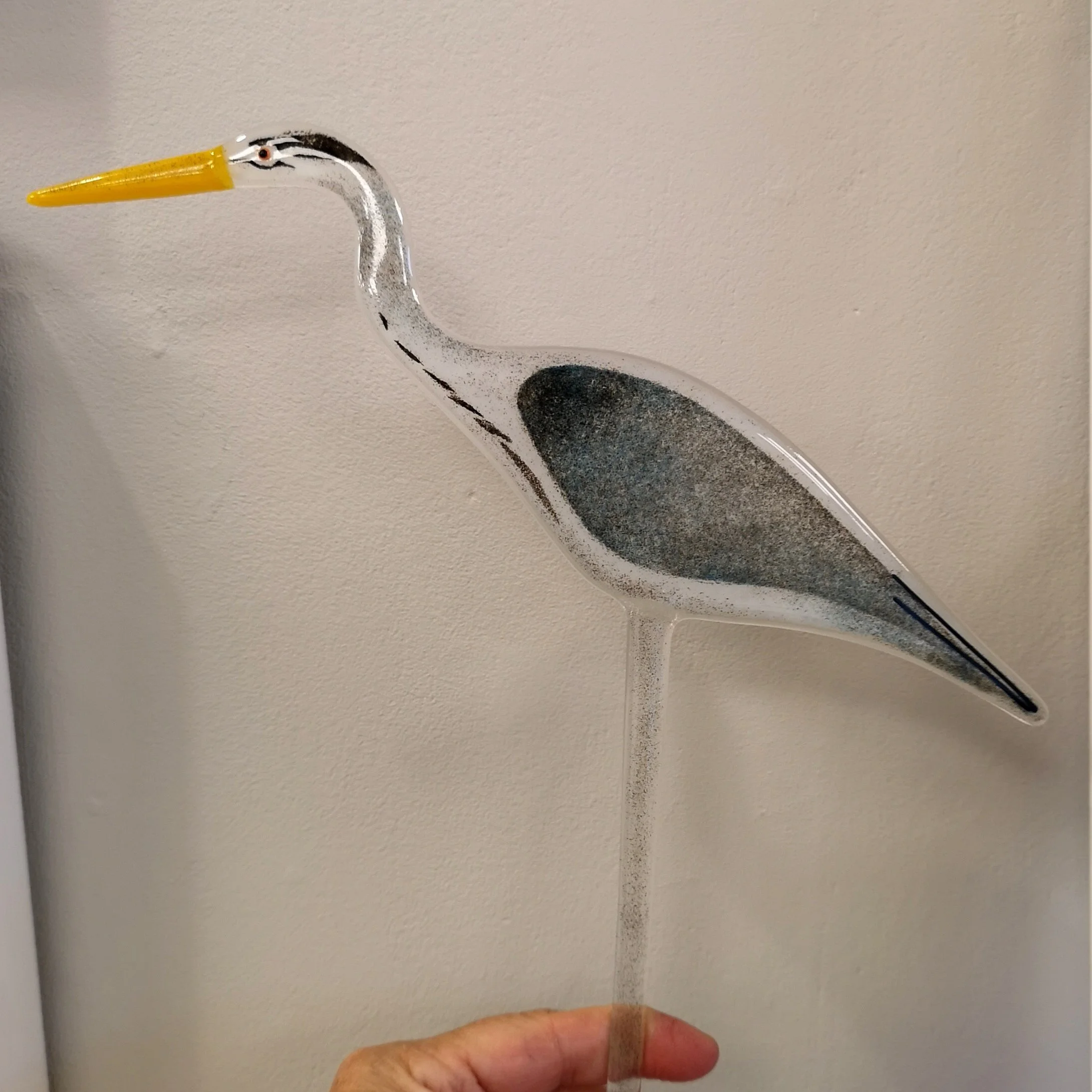 A fused glass grey heron plant stake for your faourite house plant