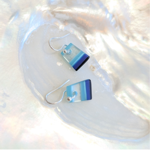Sea Blue Dichroic Fused Glass Dangle Earrings – Small