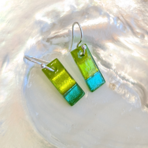 Green Dichroic Fused Glass Earrings – Elongated Geometric Drops