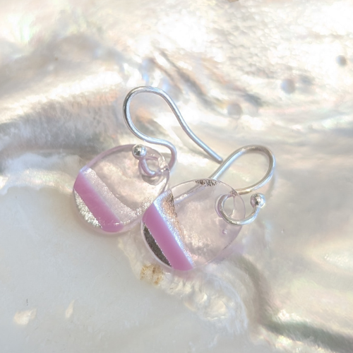Pink & Silver Dichroic Fused Glass Earrings – Delicate Oval Drops