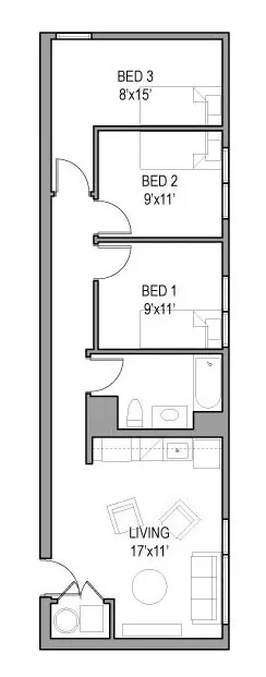 Model: 01 Our basic three bedroom has a large living room: $880 per bedroom per month!